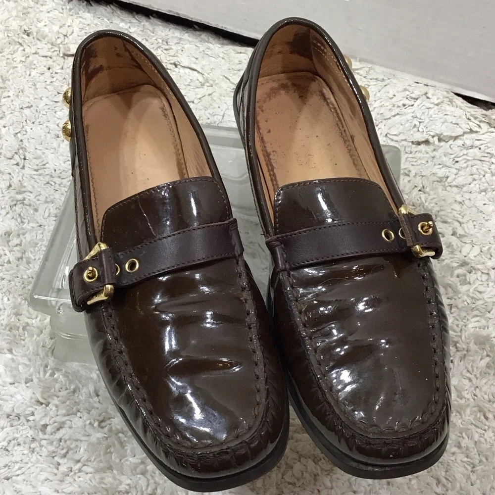 Louis Vuitton Dark Brown patent leather moccasin Loafers with Gold Buckles 37